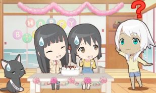 Kowata Makoto, Chito and Kuramoto Chinatsu are celebating Kowata Akane's birthday by themselves, but she came later. (Flying Witch Petit ep 4)