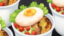 Mito Ikumi creates Petit Size Loco Moco Don dish. (Shokugeki no Soma ep13)