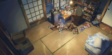 The whole space of Akizuki Takao (秋月 孝雄)'s bedroom & workshop. (The Garden of Words)