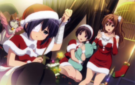 Santa girls, Takanashi Rikka (小鳥遊 六花), Nibutani Shinka (丹生谷 森夏) & Tsuyuri Kumin (五月七日 くみん), along with Chimera. (Chuunibyou Demo Koi ga Shitai!)