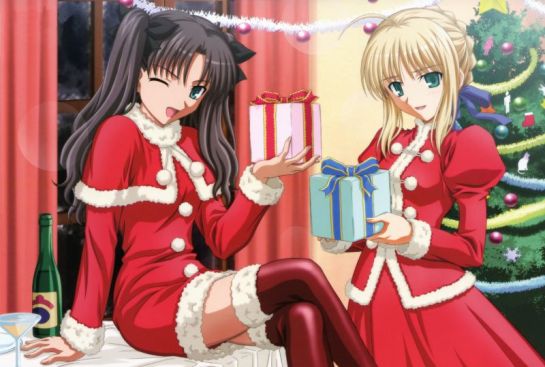 Santa girls, Saber (Athuria Pendragon (アルトリア・ペンドラゴン)) & Tohsaka Rin (遠坂 凛) are holding presents. (Fate/Stay Night )