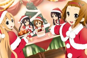 Santa girls, Hirasawa Yui (平沢 唯), Akiyama Mio (秋山 澪), Tainaka Ritsu (田井中 律), Kotobuki Tsumugi (琴吹 紬) & Nakano Azusa (中野 梓) are enjoying Christmas party. (K-ON!!)