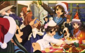 Suzumiya Haruhi (涼宮ハルヒ), Kyon (キョン), Nagato Yuki (長門有希), Asahina Mikuru (朝比奈みくる), Koizumi Itsuki (古泉一樹), Tsuruya (鶴屋) & Kyon's sister are enjoying Christmas party in SOS club room.