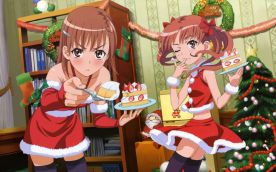 Santa girls, Misaka Mikoto (御坂 美琴) is feeding some cake & Shirai Kuroko (白井 黒子) is tasting some cake. (Toaru Kagaku no Railgun)